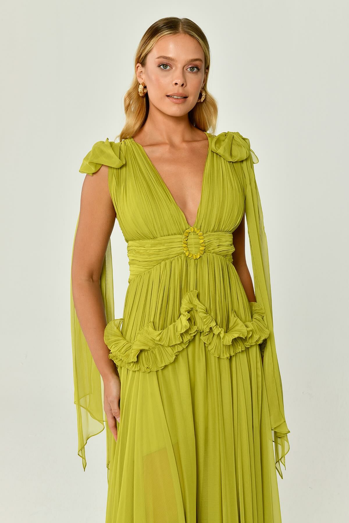 Shawl Sleeve Deep V - Neck Pleated Chiffon Long Dress - Aurora Fashion