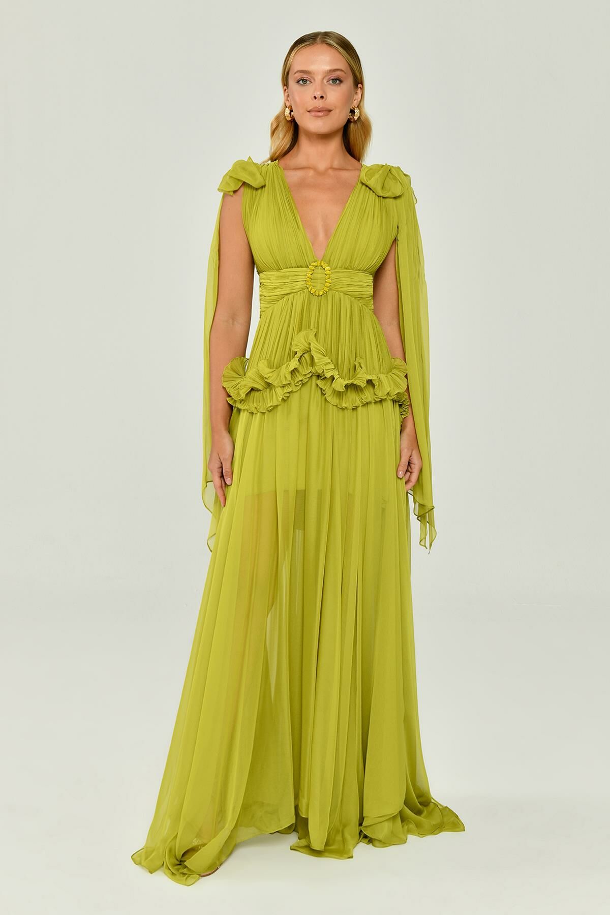 Shawl Sleeve Deep V - Neck Pleated Chiffon Long Dress - Aurora Fashion