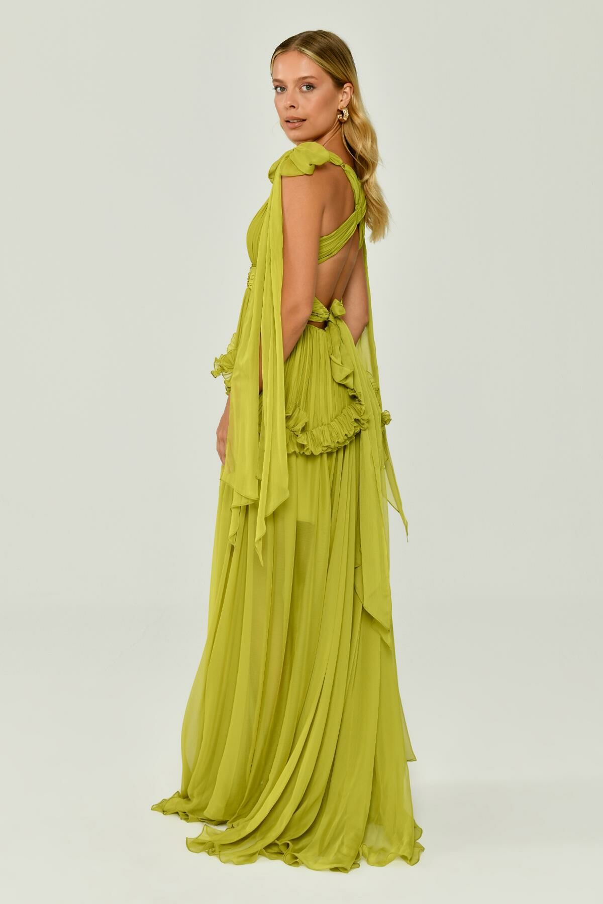 Shawl Sleeve Deep V - Neck Pleated Chiffon Long Dress - Aurora Fashion