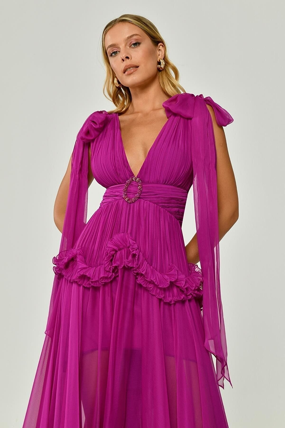 Shawl Sleeve Deep V - Neck Pleated Chiffon Long Dress - Aurora Fashion