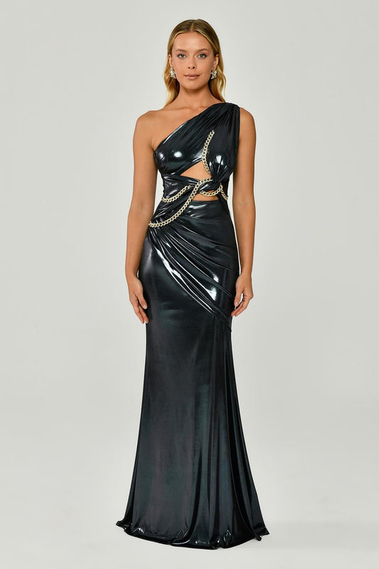 Shiny lame Fabric Long Dress with One Shoulder with Chain Accessory - Aurora Fashion