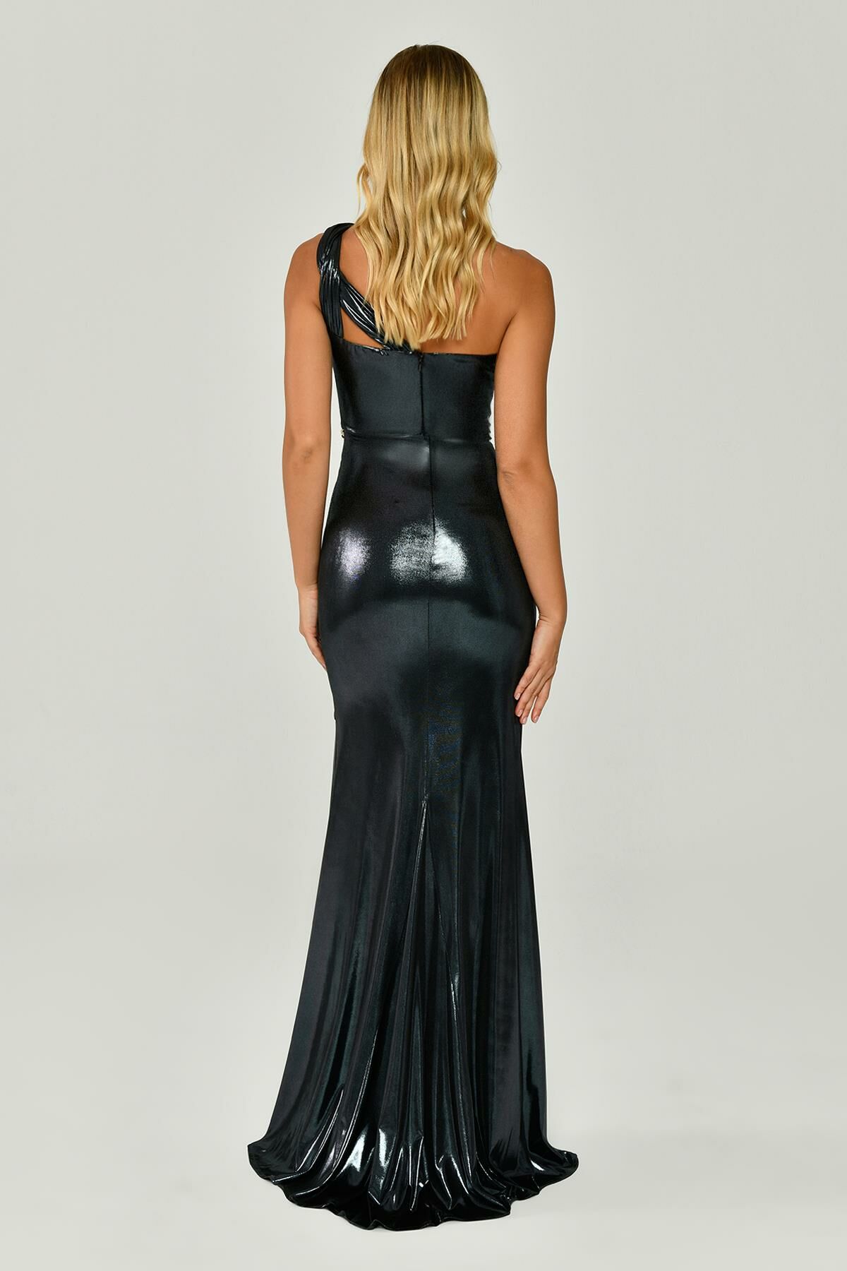 Shiny lame Fabric Long Dress with One Shoulder with Chain Accessory - Aurora Fashion