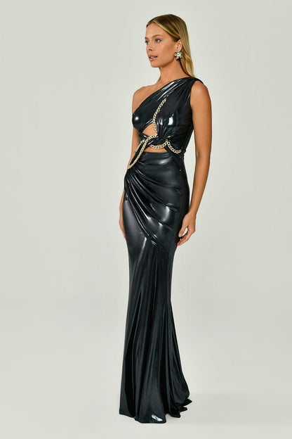 Shiny lame Fabric Long Dress with One Shoulder with Chain Accessory - Aurora Fashion