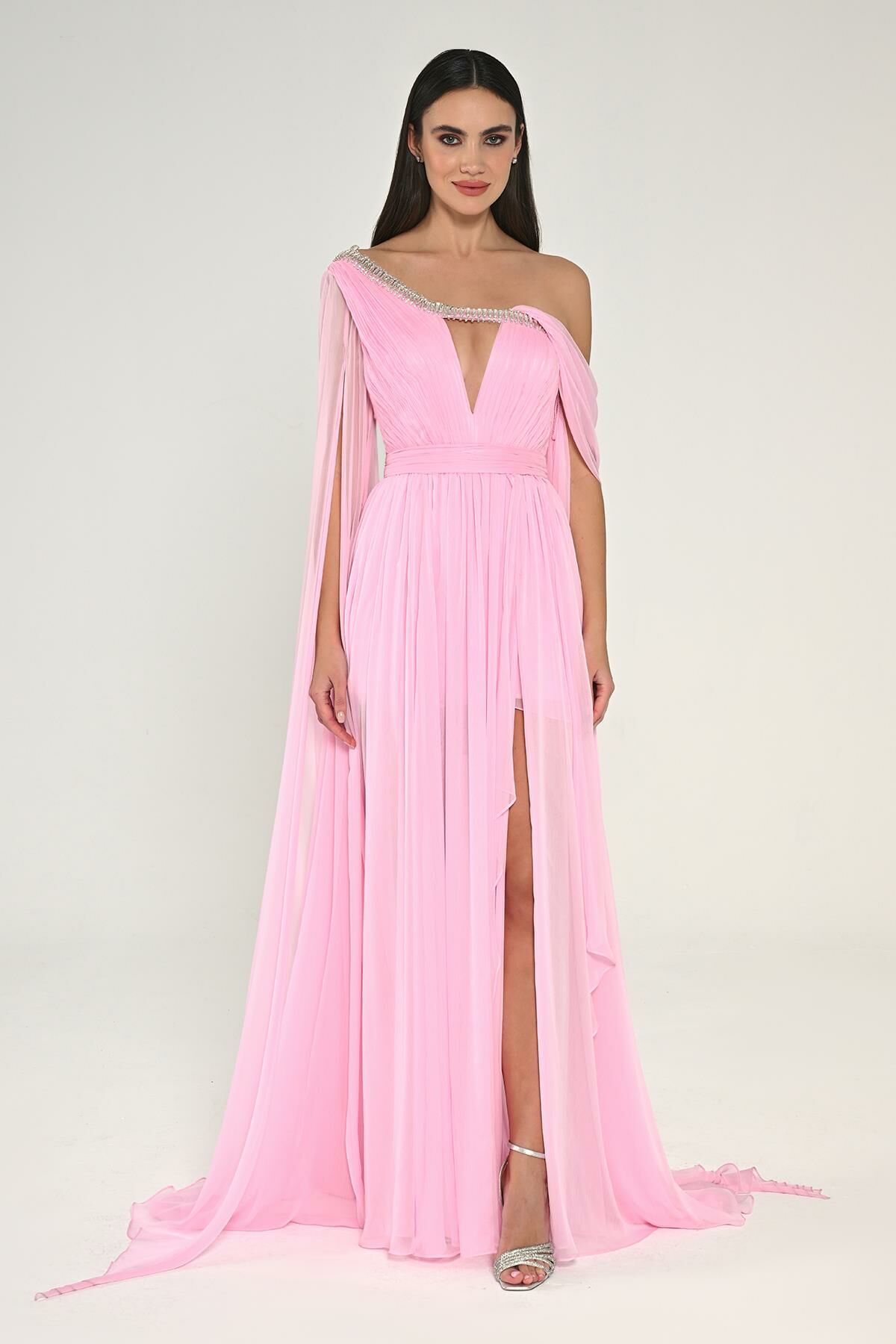 Single Shawl Sleeve Collar Stone Draped Chiffon Long Dress - Aurora Fashion