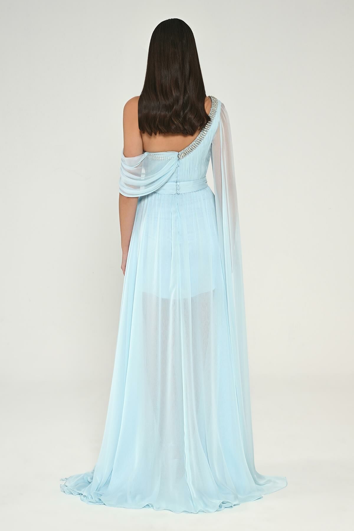 Single Shawl Sleeve Collar Stone Draped Chiffon Long Dress - Aurora Fashion