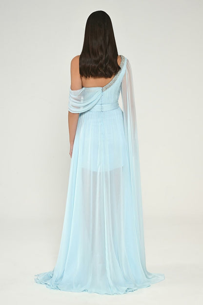 Single Shawl Sleeve Collar Stone Draped Chiffon Long Dress - Aurora Fashion