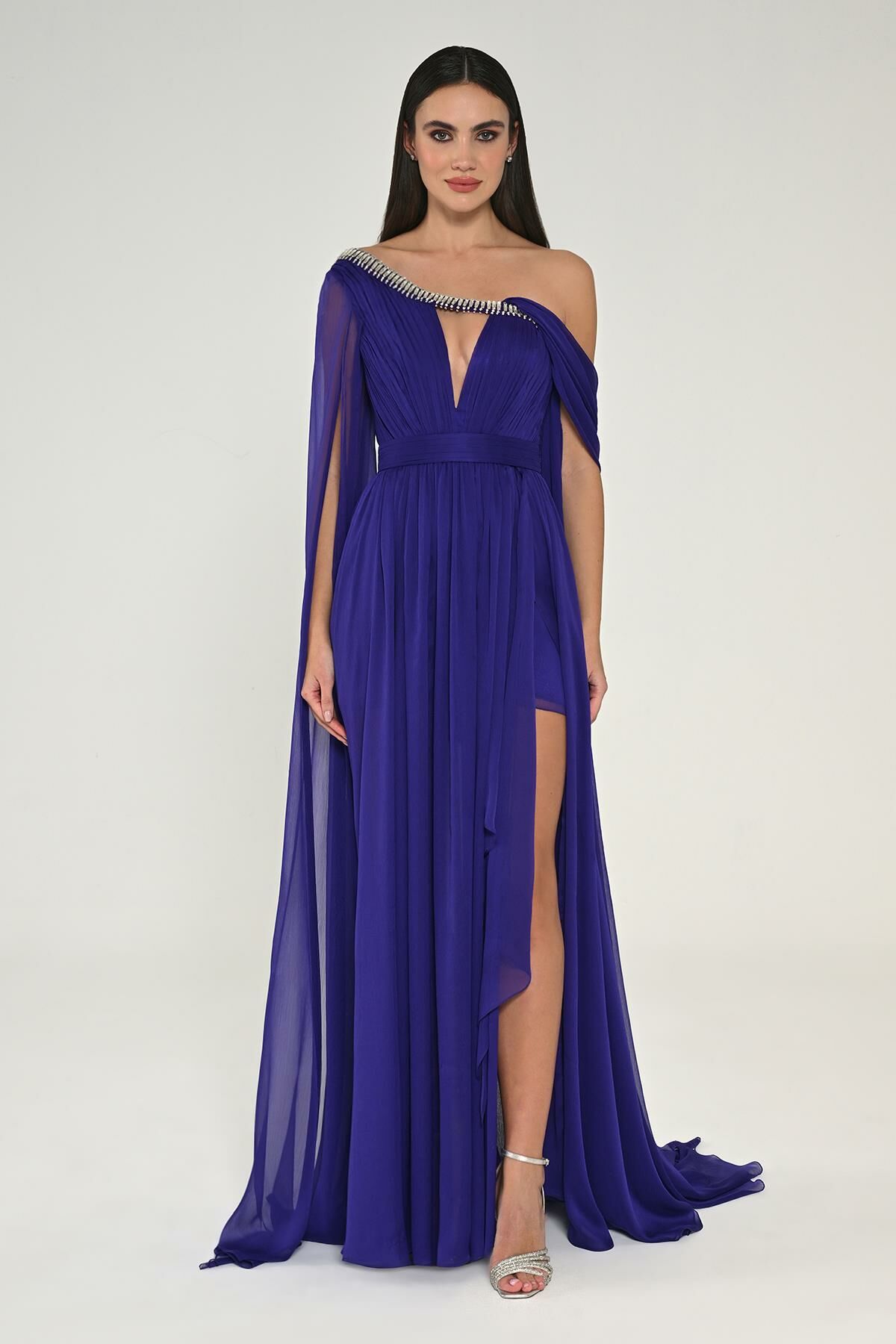 Single Shawl Sleeve Collar Stone Draped Chiffon Long Dress - Aurora Fashion