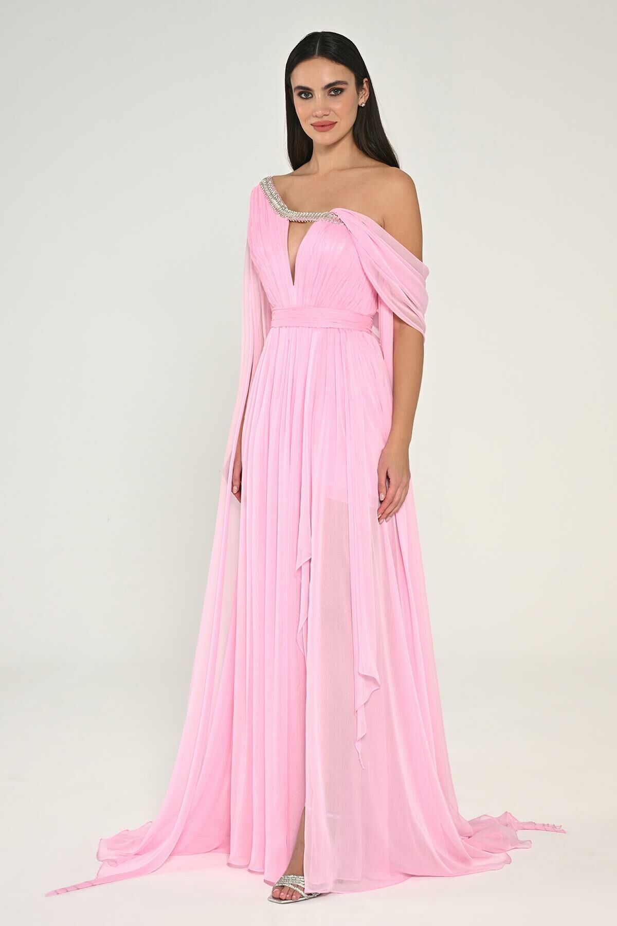 Single Shawl Sleeve Collar Stone Draped Chiffon Long Dress