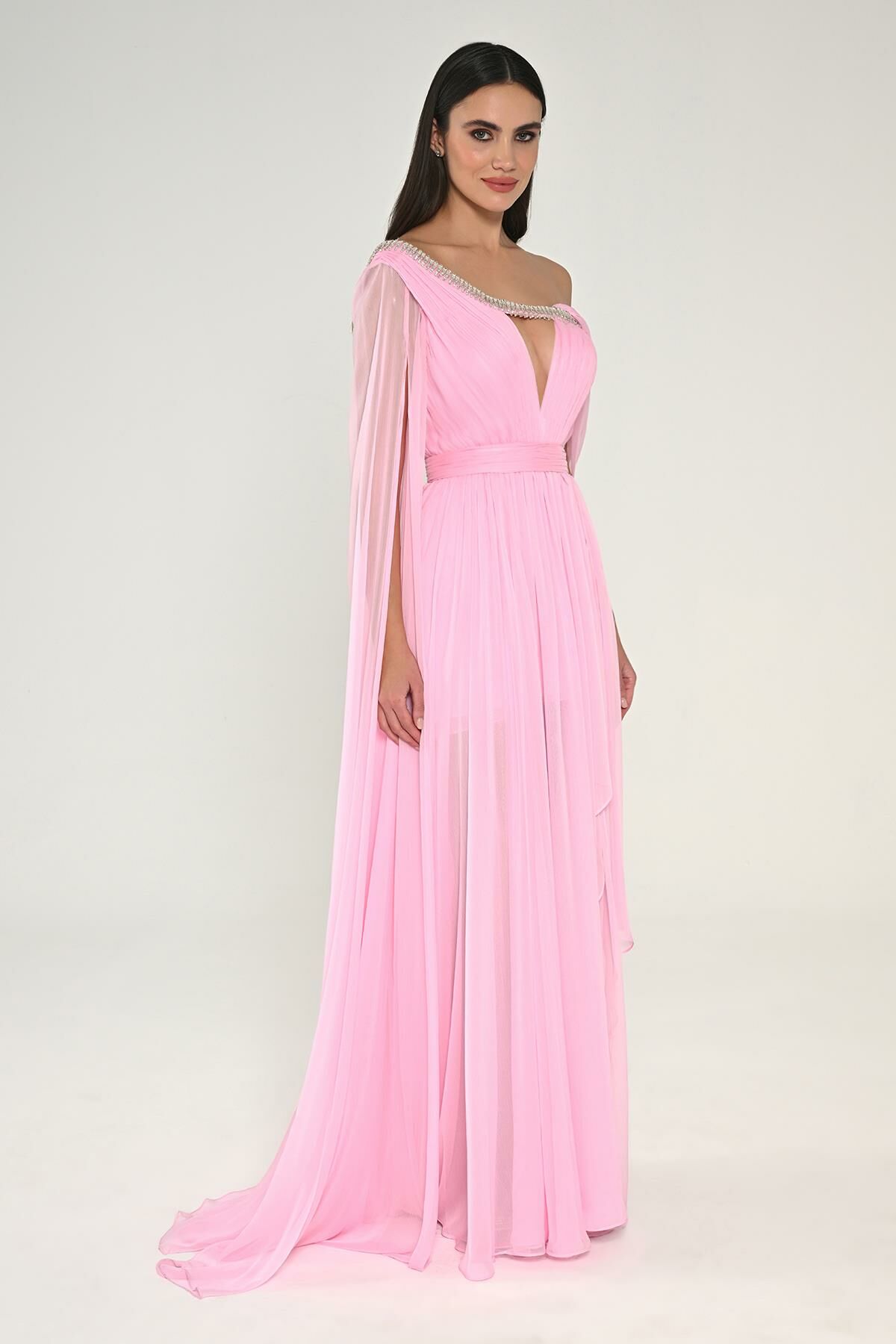 Single Shawl Sleeve Collar Stone Draped Chiffon Long Dress - Aurora Fashion