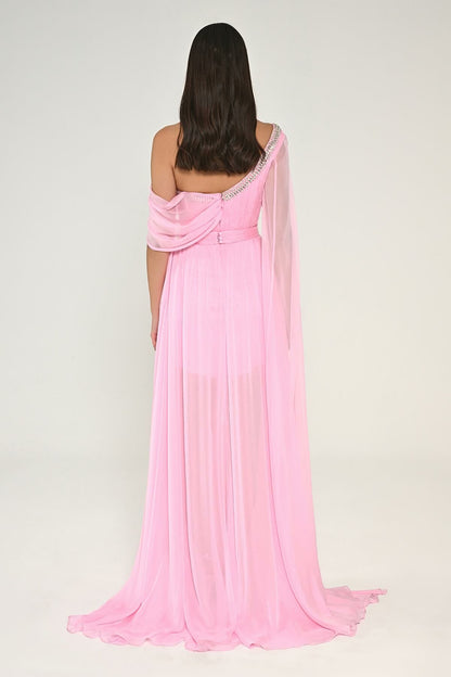 Single Shawl Sleeve Collar Stone Draped Chiffon Long Dress - Aurora Fashion