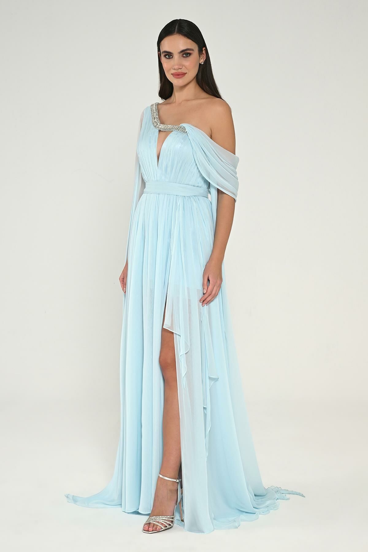 Single Shawl Sleeve Collar Stone Draped Chiffon Long Dress - Aurora Fashion