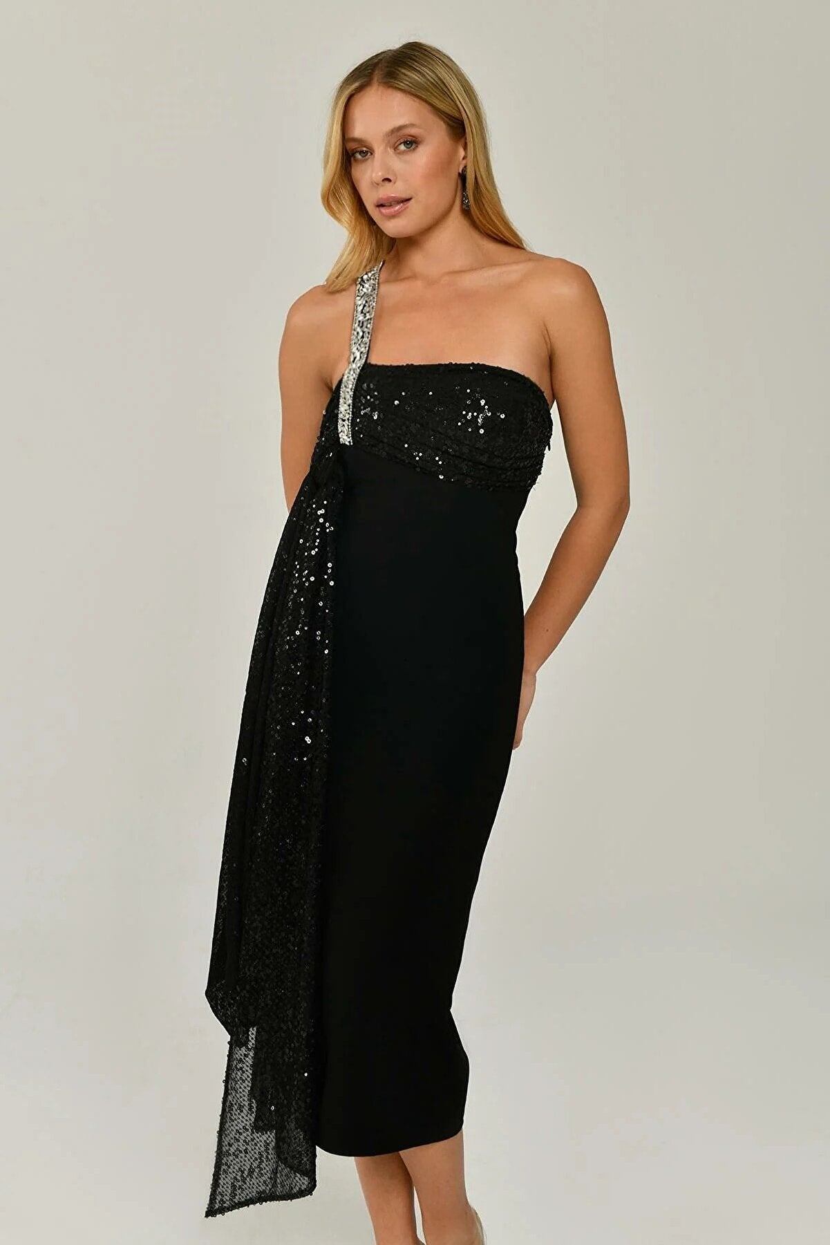 Stoned Single Strap Sequin Sequin Shawl Crepe Midi Dress - Aurora Fashion