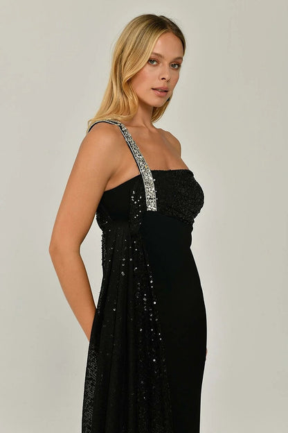 Stoned Single Strap Sequin Sequin Shawl Crepe Midi Dress - Aurora Fashion