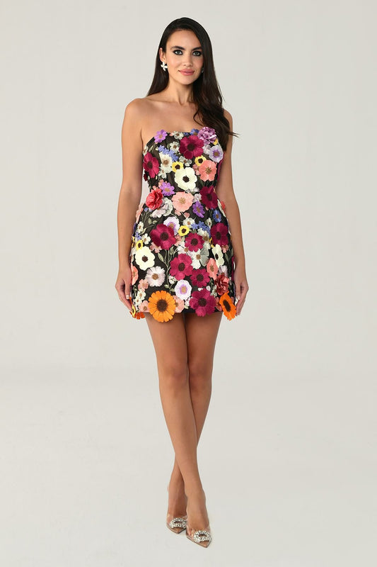 Strapless 3D Floral Accessory Short Dress - Aurora Fashion