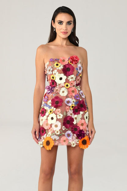 Strapless 3D Floral Accessory Short Dress - Aurora Fashion