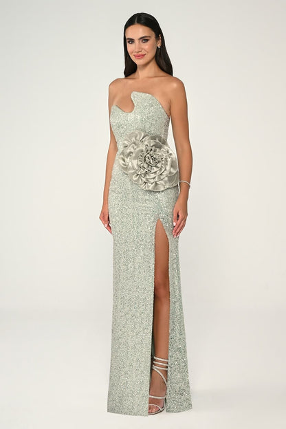 Strapless Chest Asymmetric Cut Sequin Fabric Long Dress - Aurora Fashion