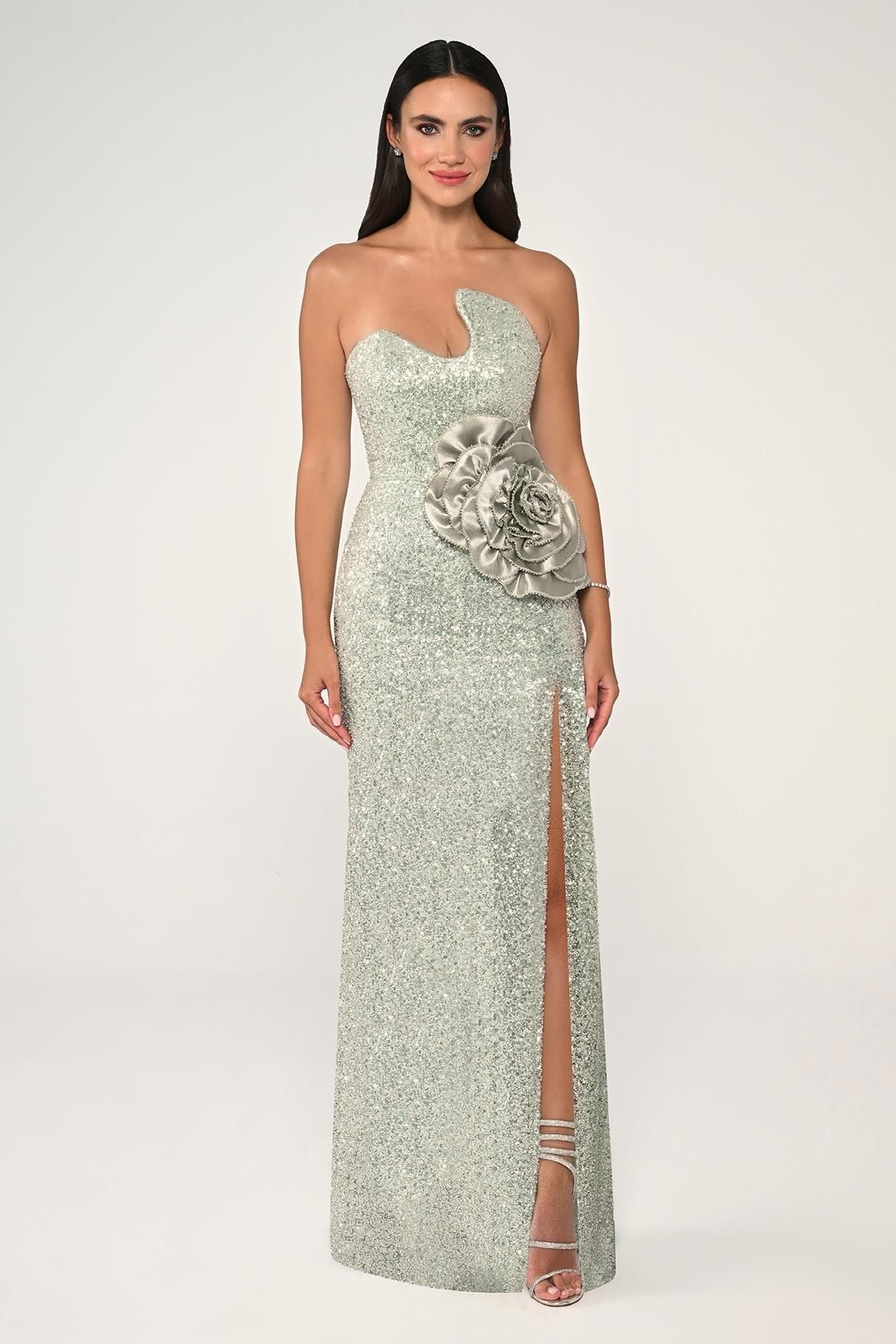 Strapless Chest Asymmetric Cut Sequin Fabric Long Dress - Aurora Fashion