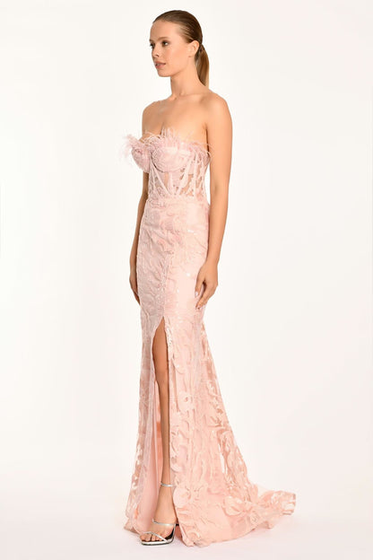 Strapless Chest - Cut Slit Sequined Long Dress - Aurora Fashion