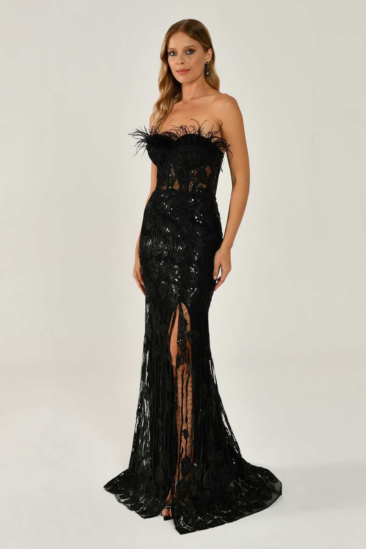 Strapless Chest - Cut Slit Sequined Long Dress - Aurora Fashion