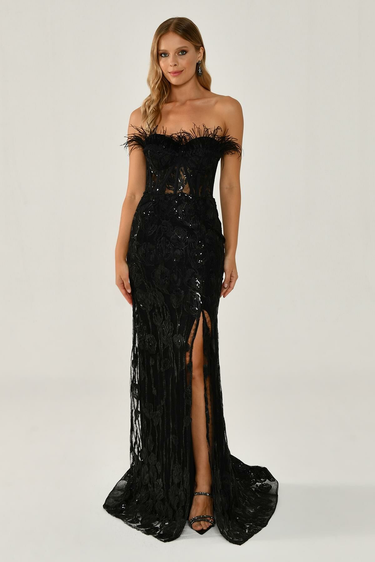 Strapless Chest - Cut Slit Sequined Long Dress - Aurora Fashion