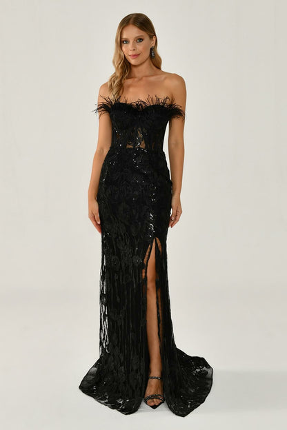 Strapless Chest - Cut Slit Sequined Long Dress - Aurora Fashion