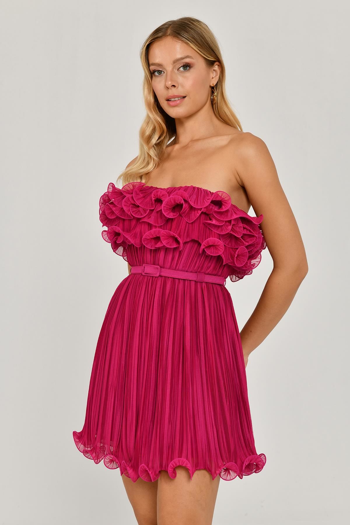 Strapless Pleated Chiffon Short Dress - Aurora Fashion