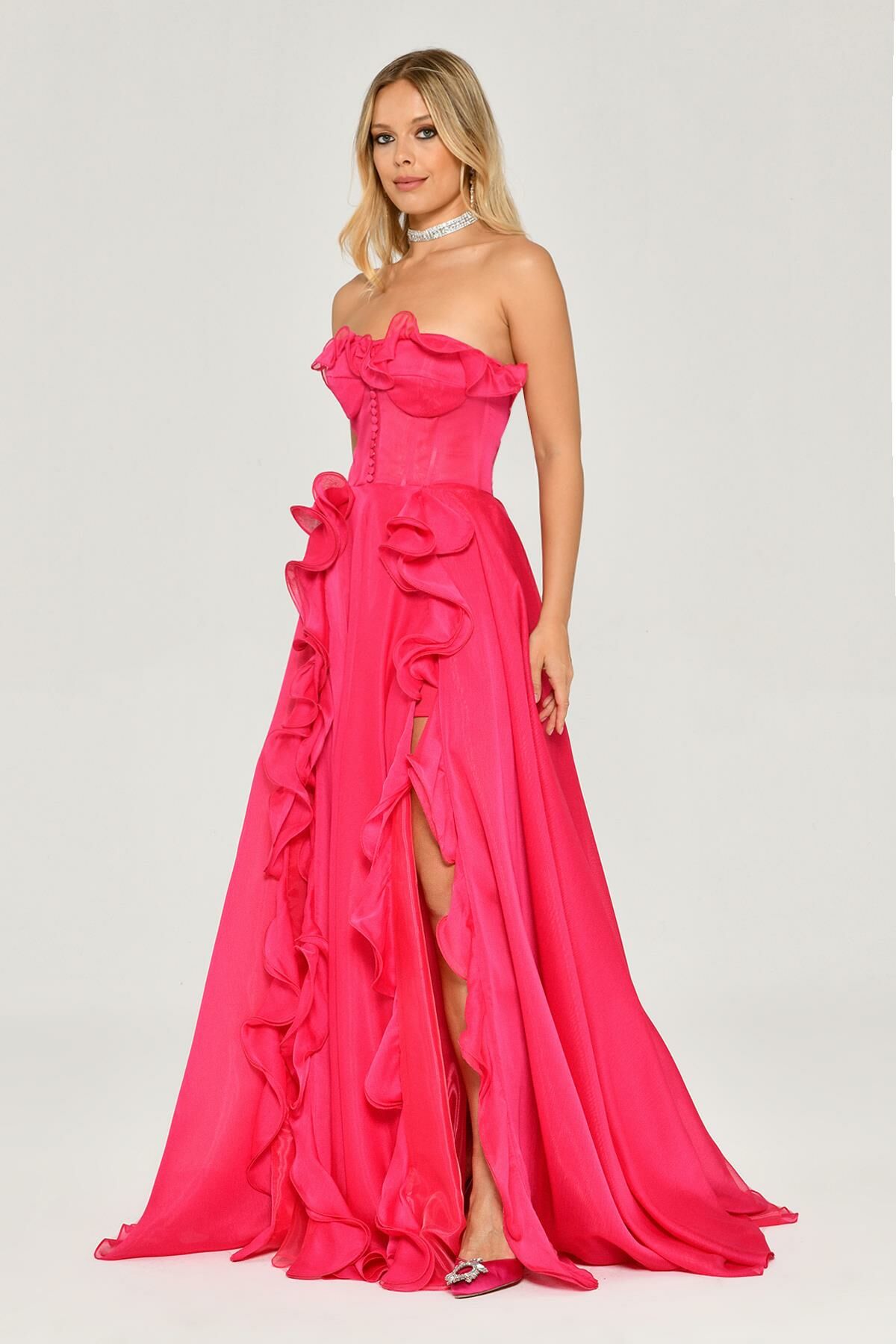 Strapless Ruffled Slit Chiffon Long Dress - Aurora Fashion