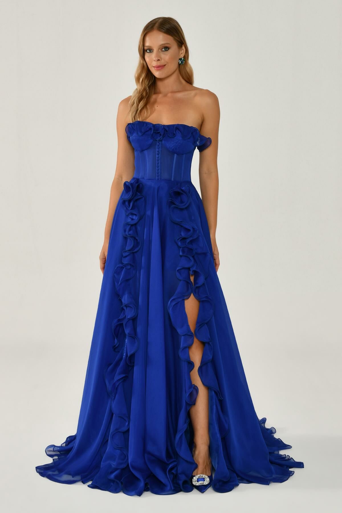 Strapless Ruffled Slit Chiffon Long Dress - Aurora Fashion