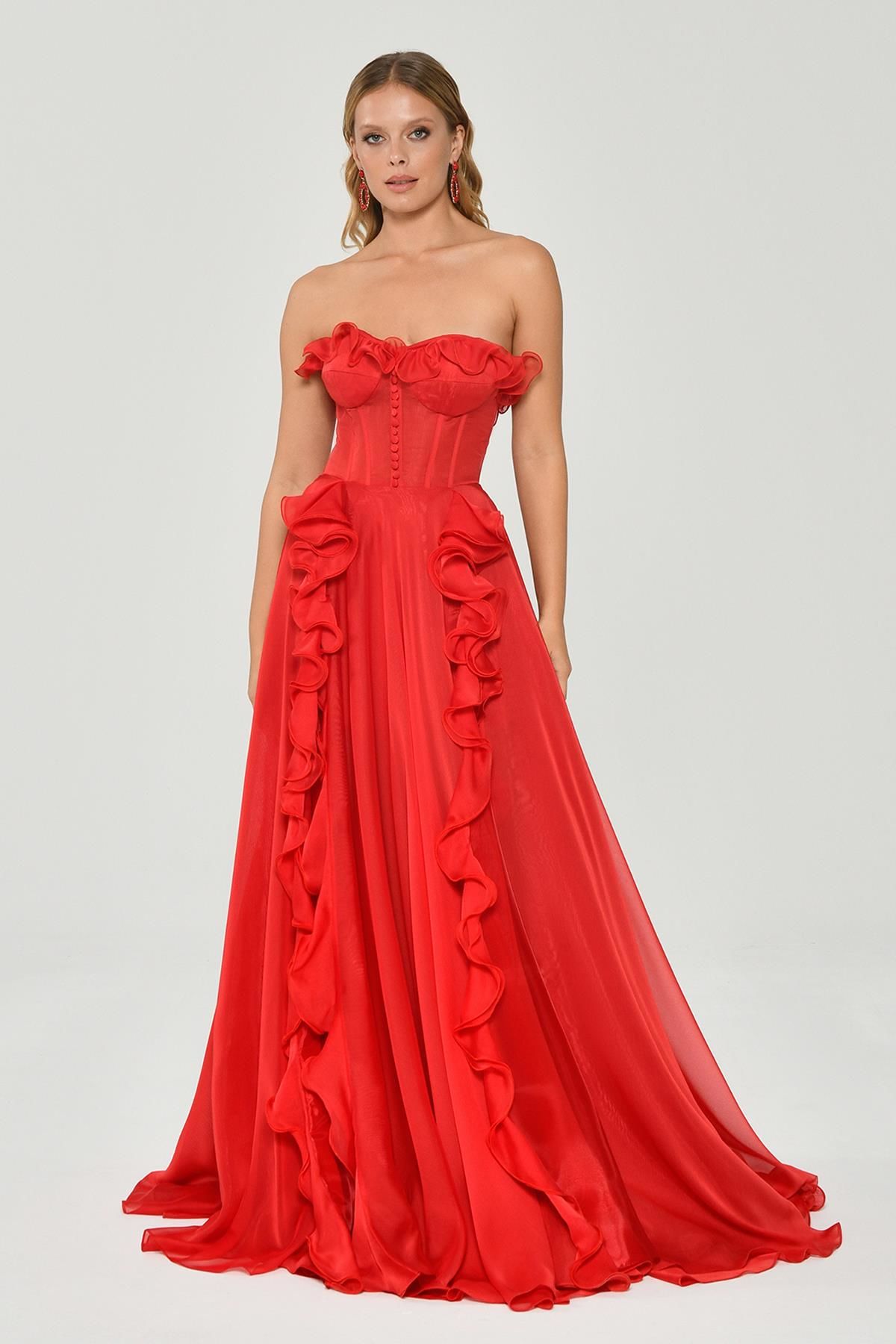 Strapless Ruffled Slit Chiffon Long Dress - Aurora Fashion