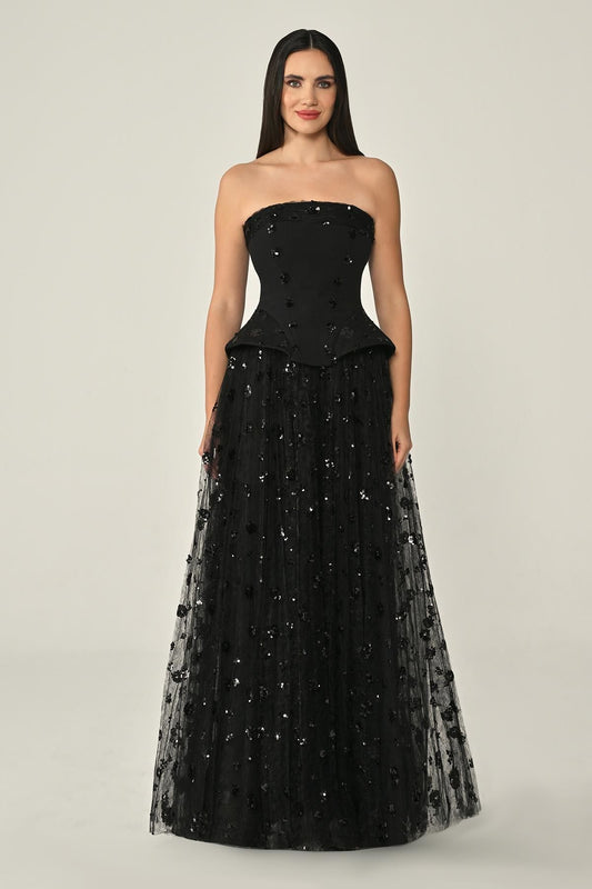 Strapless Sequined Tulle Long Dress - Aurora Fashion