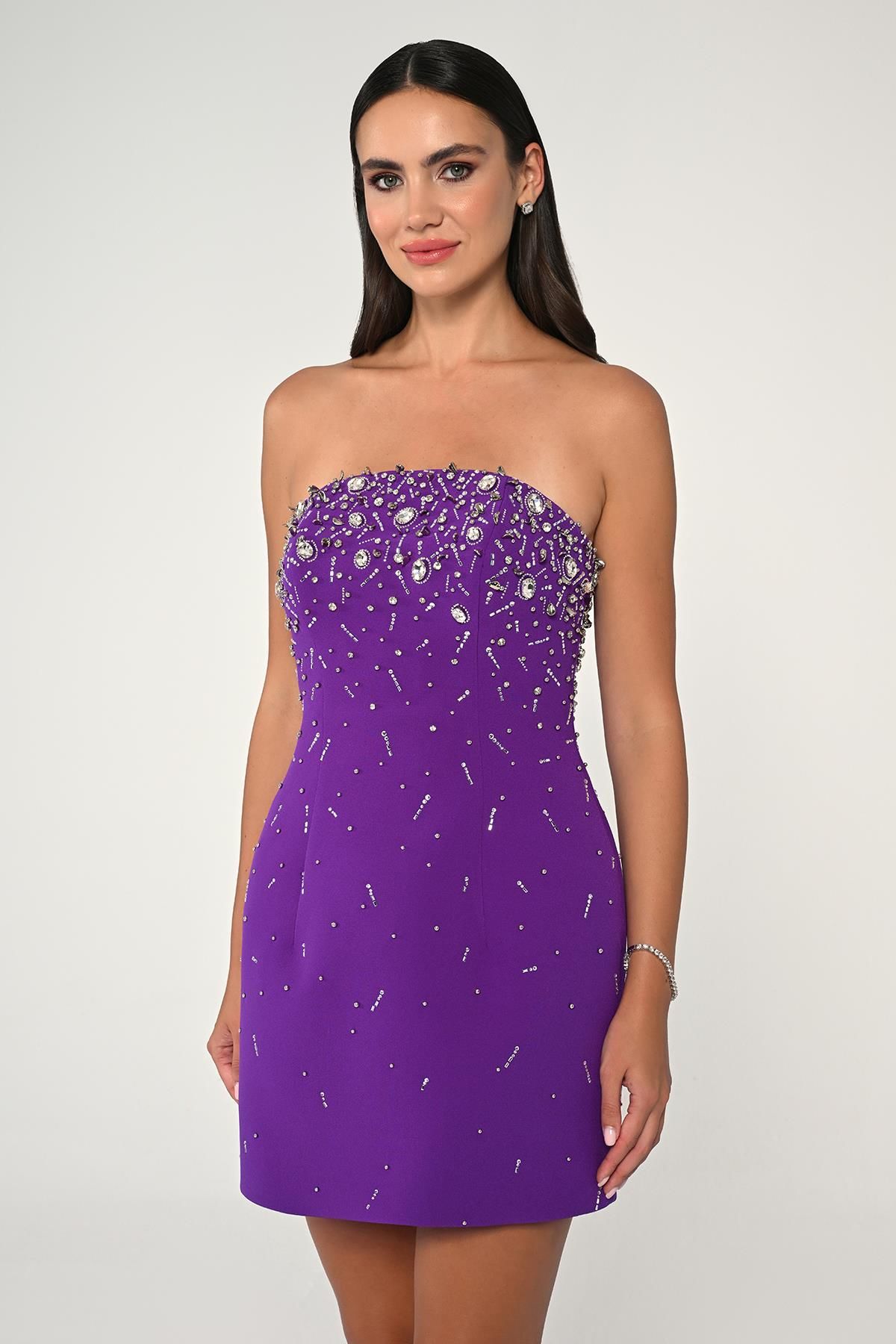 Strapless Stone Embroidered Short Dress - Aurora Fashion