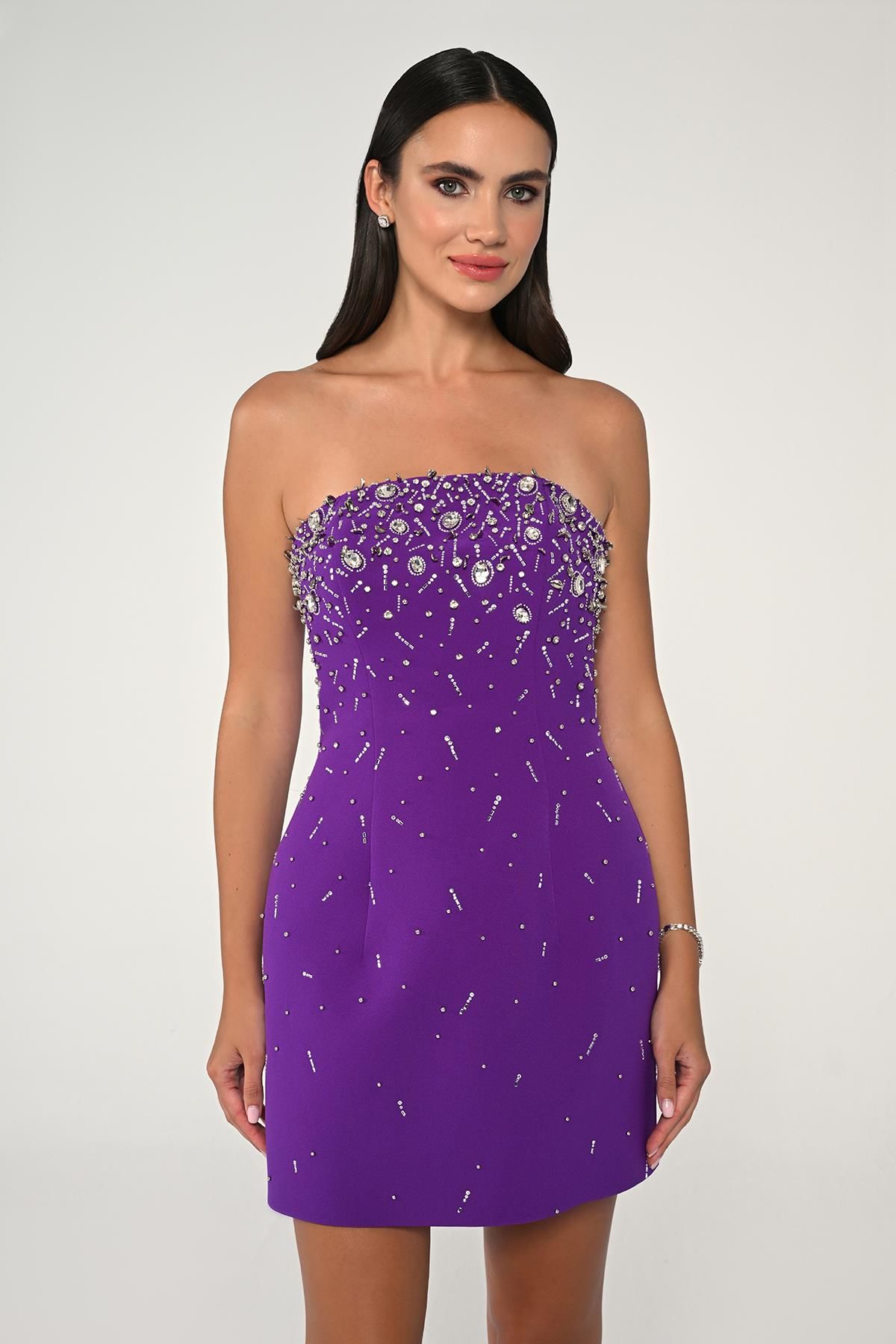 Strapless Stone Embroidered Short Dress - Aurora Fashion