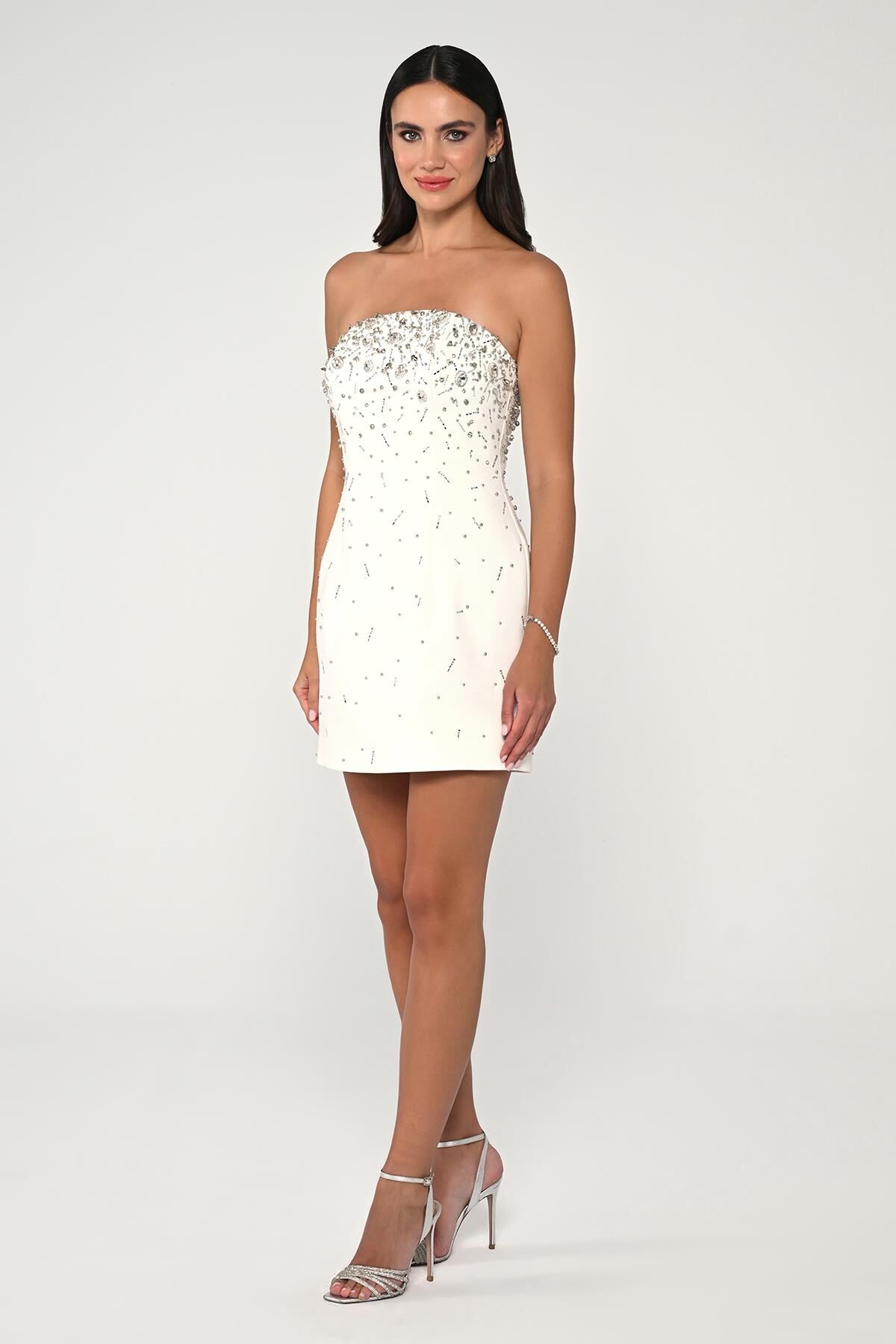 Strapless Stone Embroidered Short Dress - Aurora Fashion