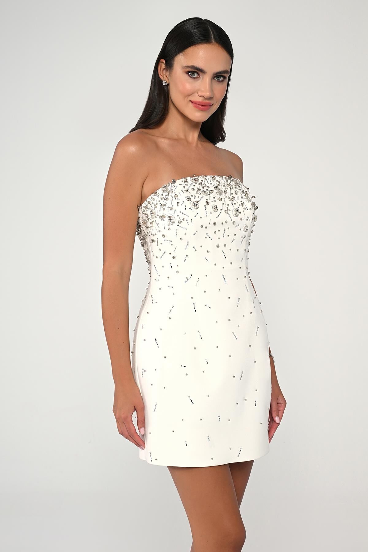 Strapless Stone Embroidered Short Dress - Aurora Fashion