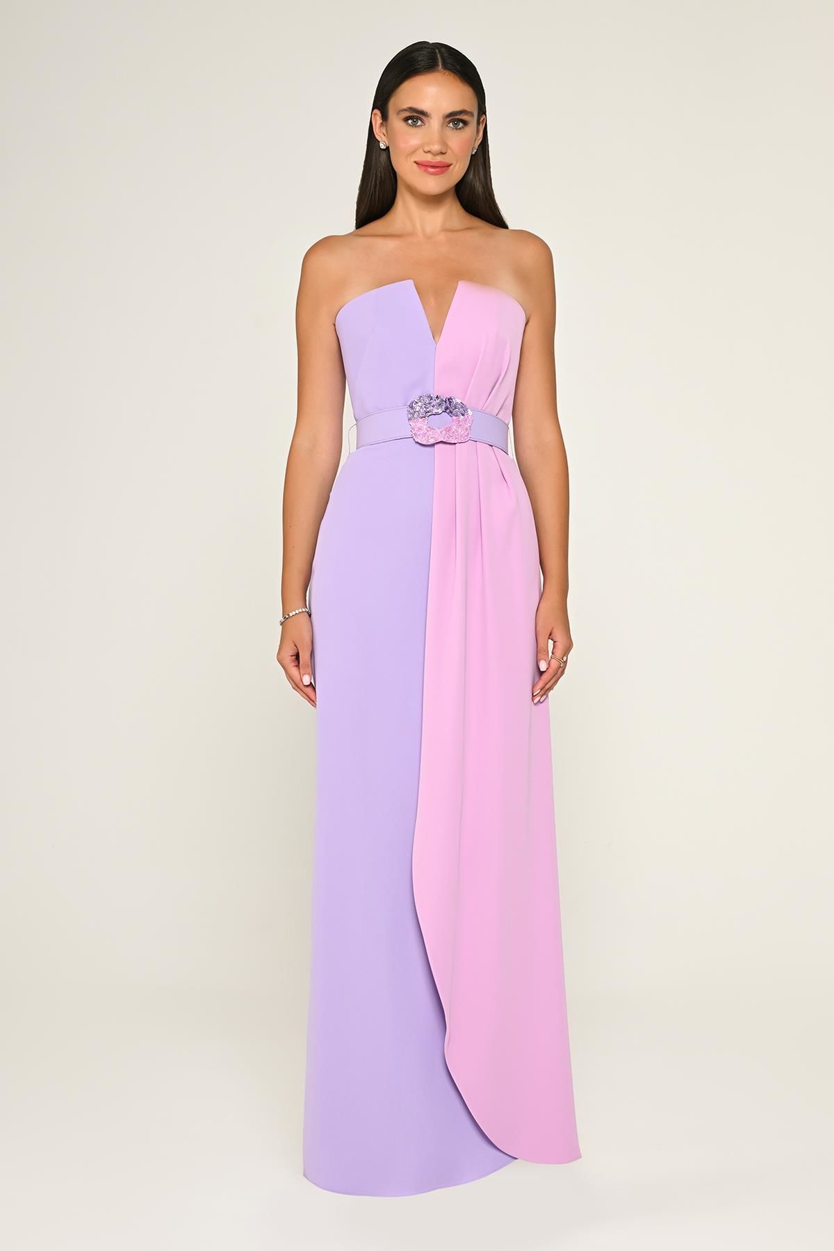 Strapless Waist Embroidered Belt Crepe Long Dress - Aurora Fashion