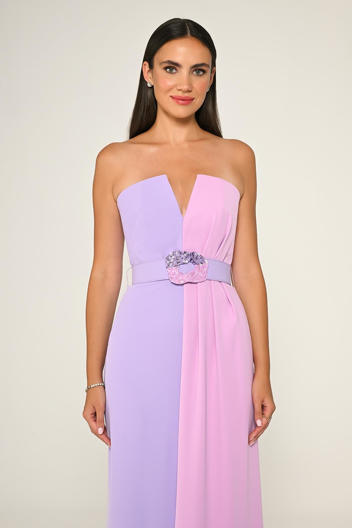 Strapless Waist Embroidered Belt Crepe Long Dress - Aurora Fashion