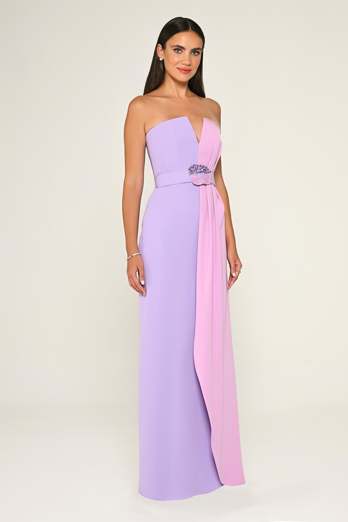 Strapless Waist Embroidered Belt Crepe Long Dress - Aurora Fashion