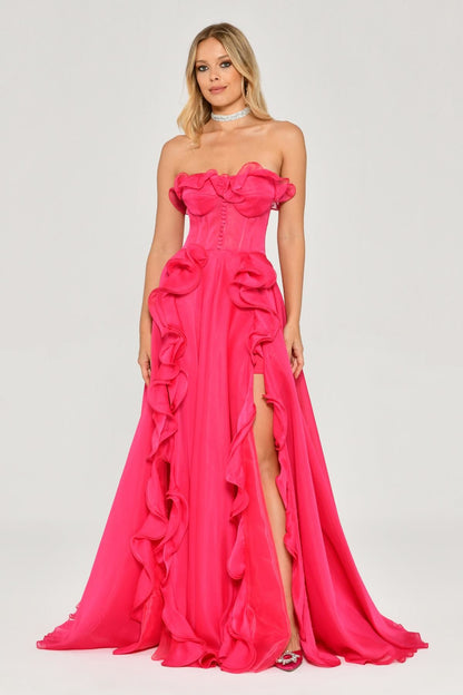 Strapless Ruffled Slit Chiffon Long Dress