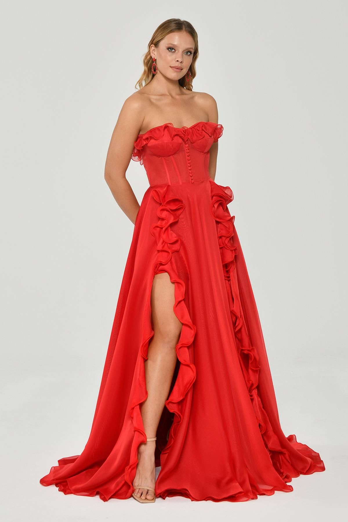 Strapless Ruffled Slit Chiffon Long Dress