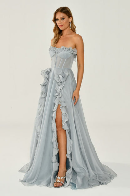 Strapless Ruffled Slit Chiffon Long Dress