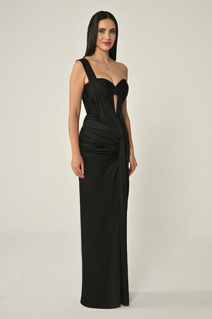 Sweetheart Neck Draped Satin Long Dress - Aurora Fashion