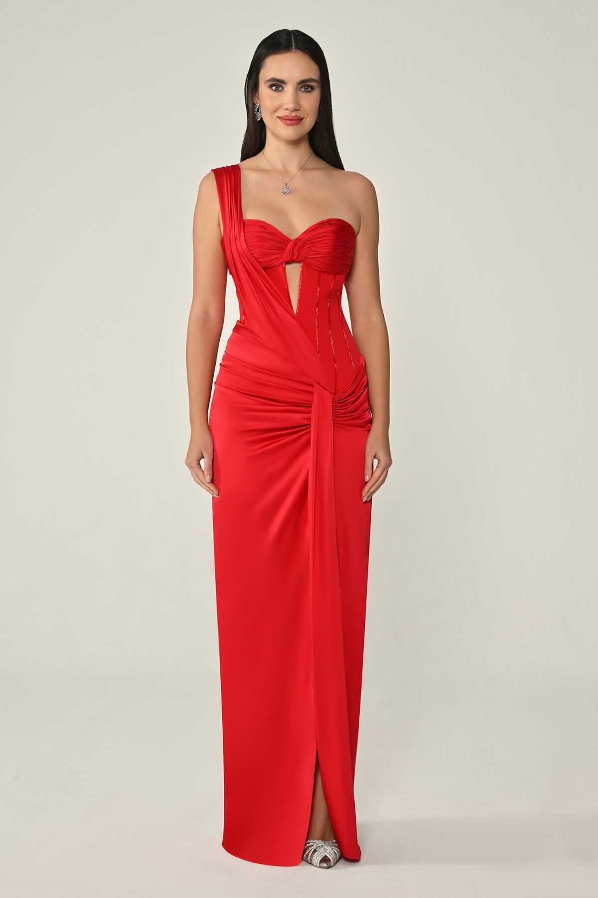 Sweetheart Neck Draped Satin Long Dress - Aurora Fashion