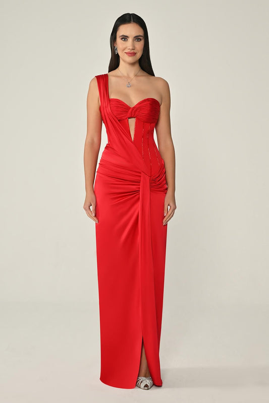 Sweetheart Neck Draped Satin Long Dress - Aurora Fashion