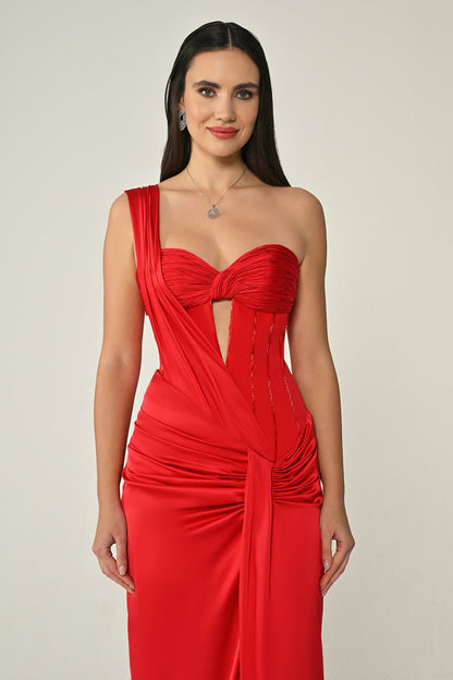 Sweetheart Neck Draped Satin Long Dress - Aurora Fashion