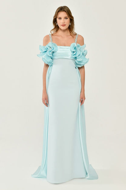 Shiny Fabric Crepe Long Dress with Stoned Straps and Pleats on the Chest