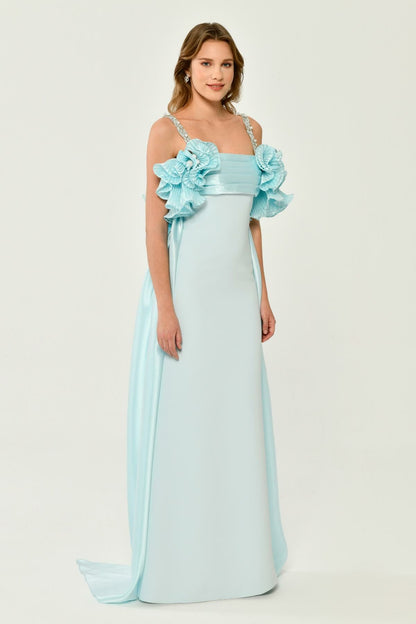 Shiny Fabric Crepe Long Dress with Stoned Straps and Pleats on the Chest