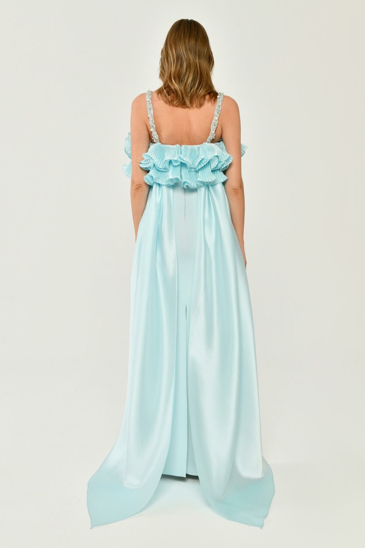 Shiny Fabric Crepe Long Dress with Stoned Straps and Pleats on the Chest