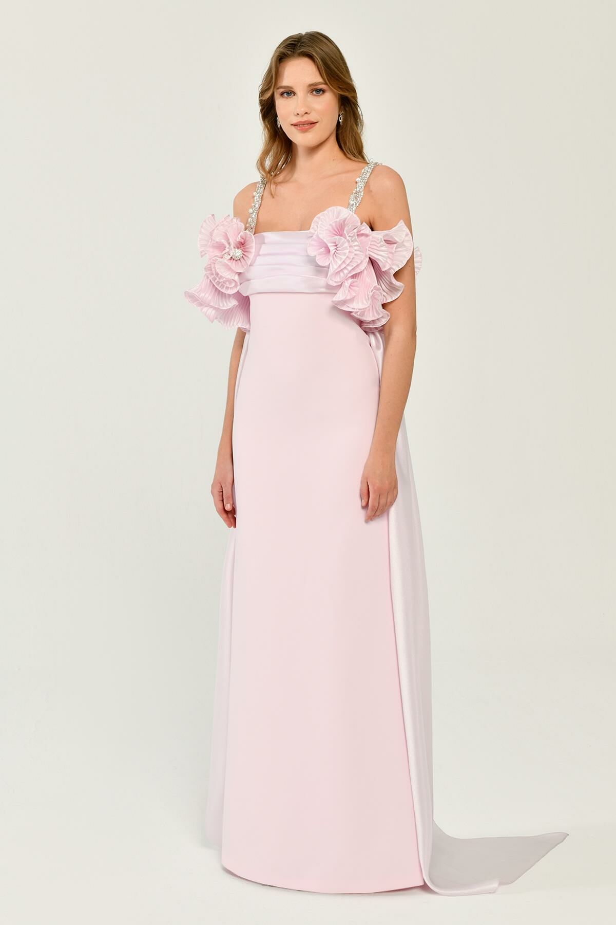 Shiny Fabric Crepe Long Dress with Stoned Straps and Pleats on the Chest