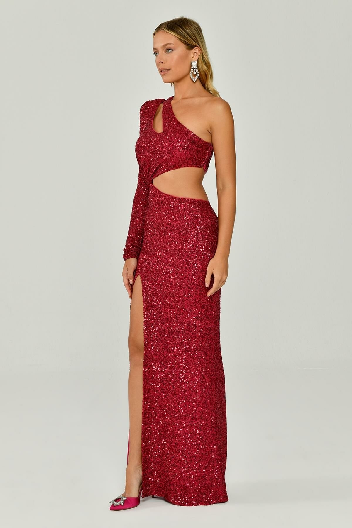 One Sleeve Front Slit Sequin Fabric Long Dress