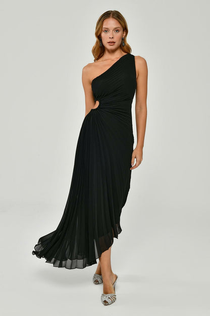 One Shoulder Low Waist Pleated Asymmetrical Cut Chiffon Midi Dress